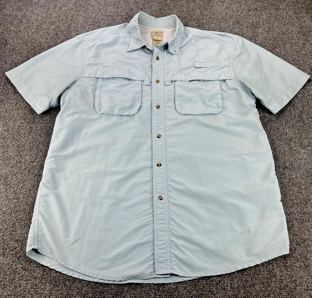 LL Bean Shirt Mens Large Tall LT Blue Button Up Outdoors Fishing Vent Casual