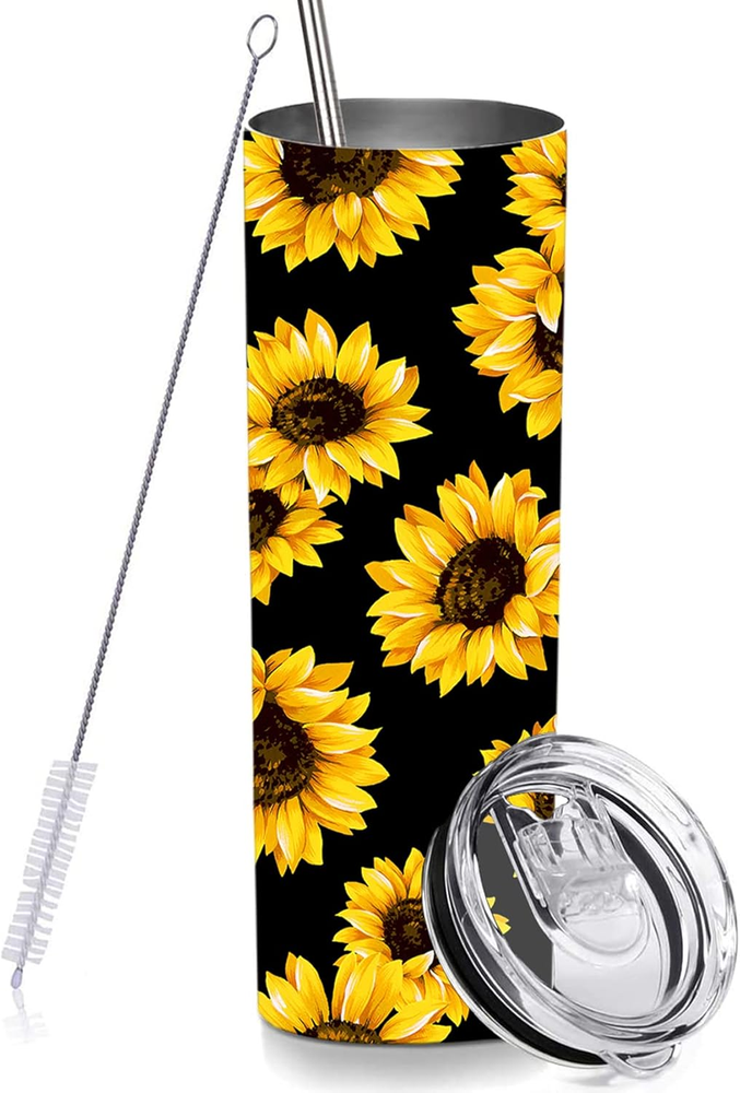 Sunflower Skinny Tumblers with Lids and Straws, Stainless Steel Vacuum Insulated