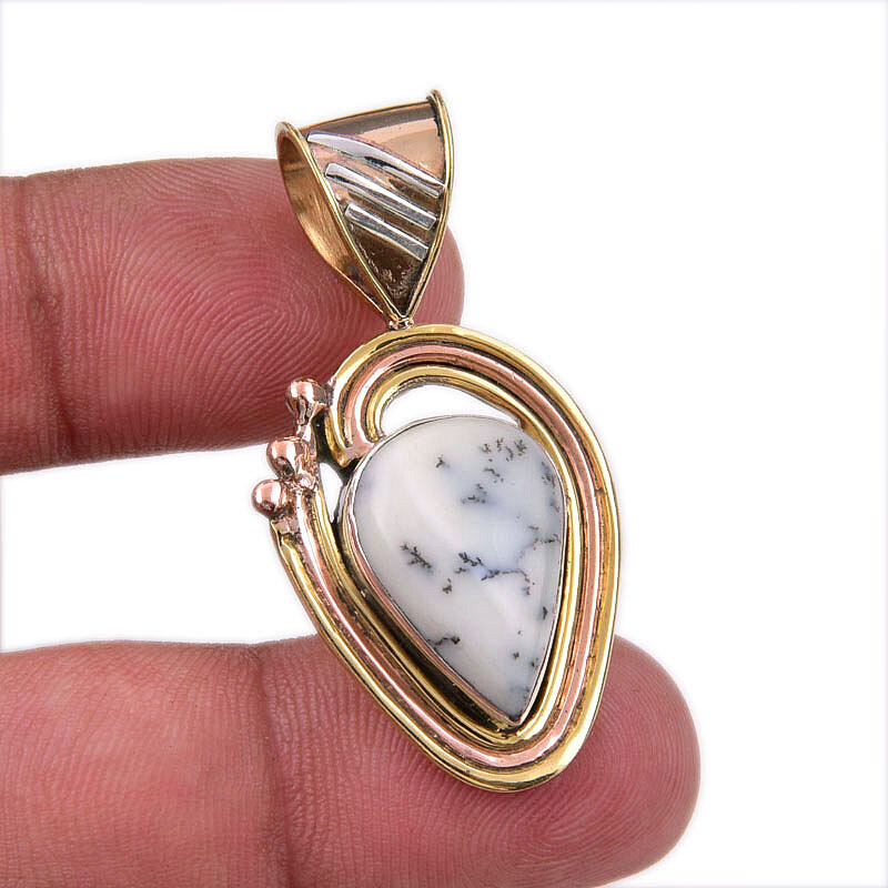 Natural Dendrite Opal 925 Solid Sterling Silver Gift TwoTone Pendant 1.75