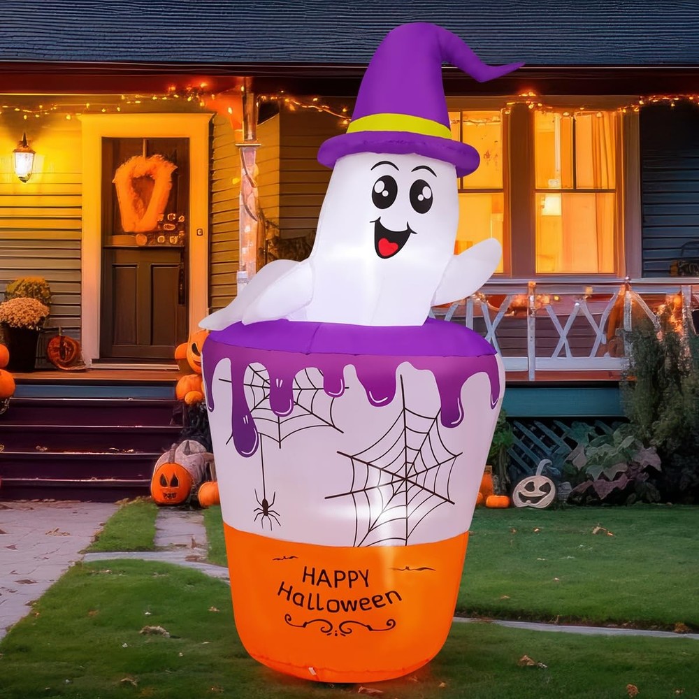 5.5 FT Halloween Inflatable Ghost with Barrel Outdoor Blow-Up Yard Decoration