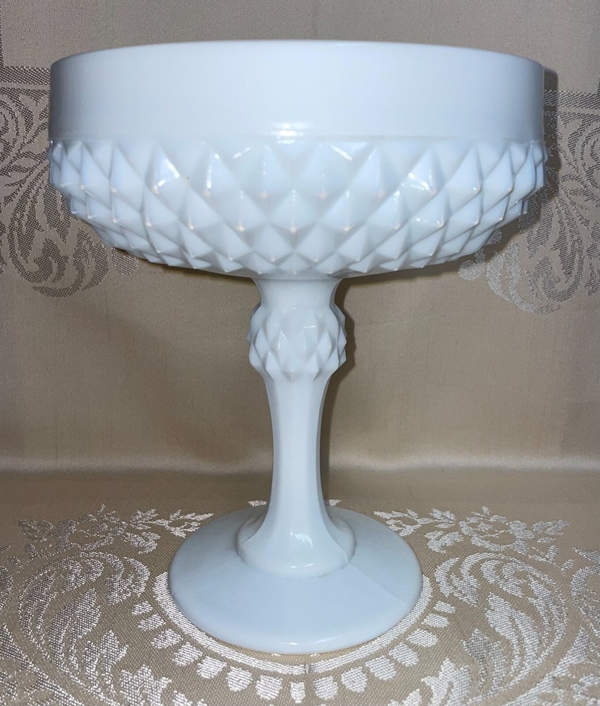 Indiana Glass Diamond Point Milk Glass Pedestal Candy Dish 7.5 Inches