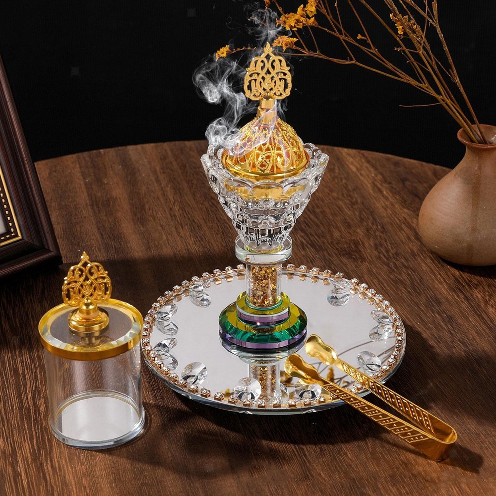 Traditional Arabian Glass Incense Burner Set with Tongs & Storage Jar