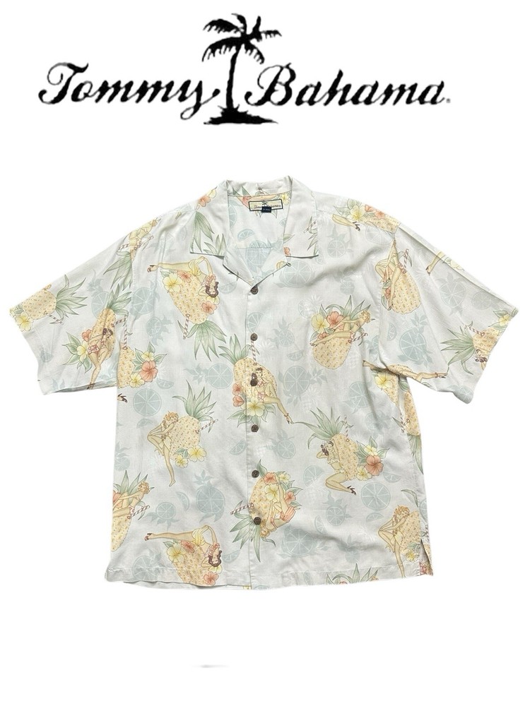 Tommy Bahama Silk Pineapple Hawaiian Bikini Girl Shirt Mens Size Large