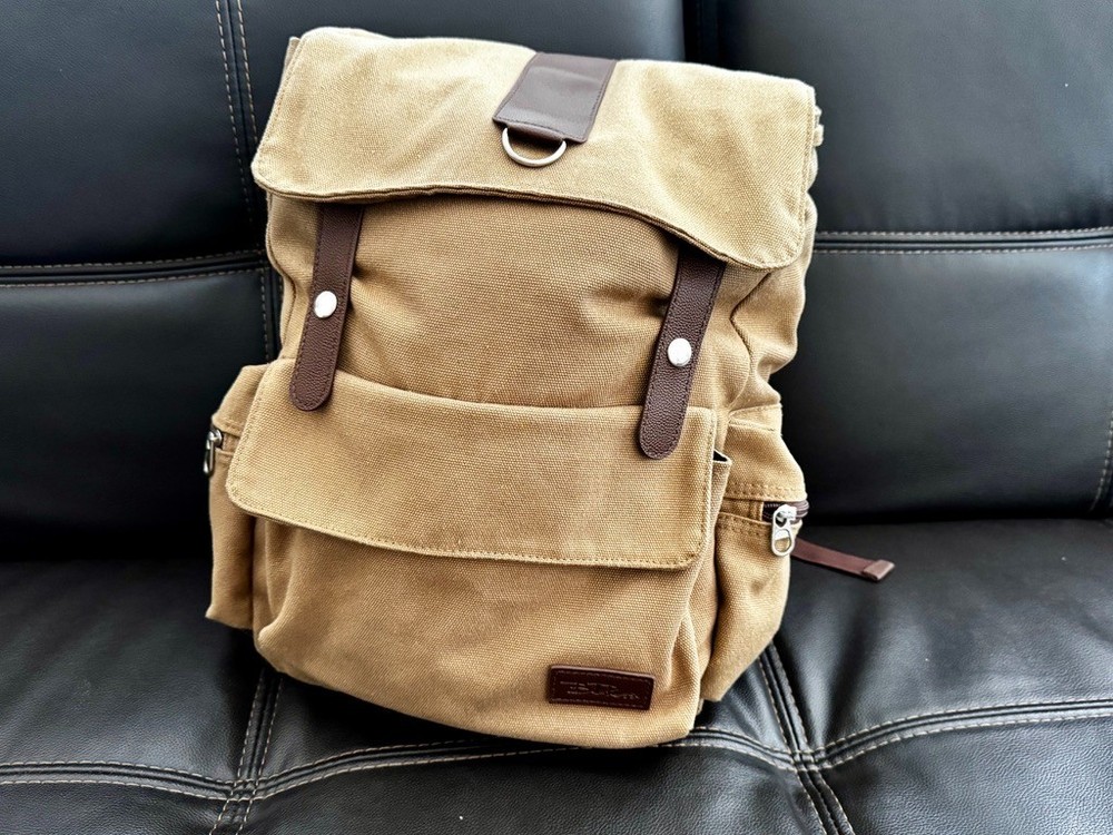 [BELLA RUSSO] Khaki Canvas Backpack – 18” x 12” x 5” – Durable,  & Travel Ready