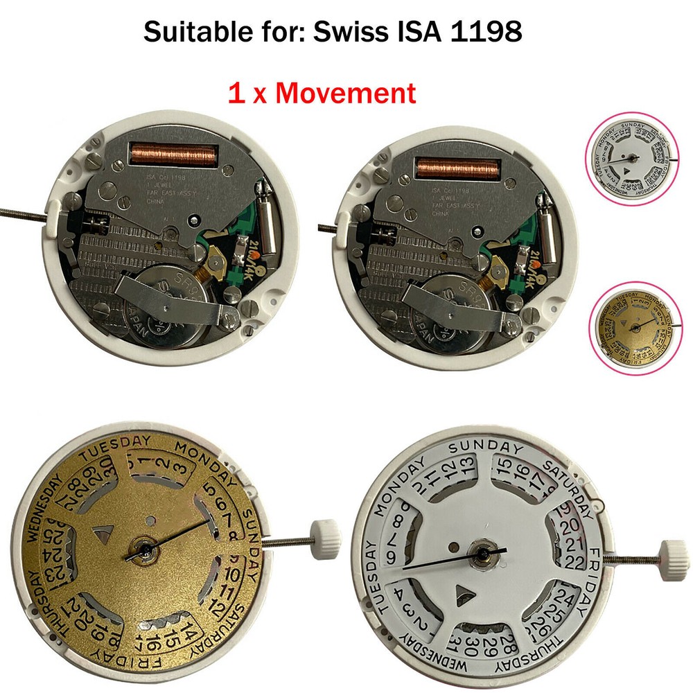 Dual Calendar Quartz Watch Movement with Battery Replacement for Swiss ISA 1198
