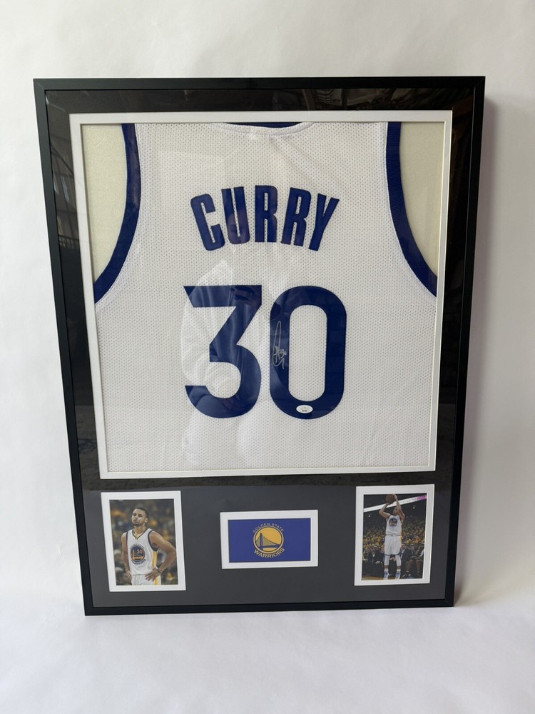 Framed Autographed Stephen Steph Curry Golden State Warriors Jersey JSA COA
