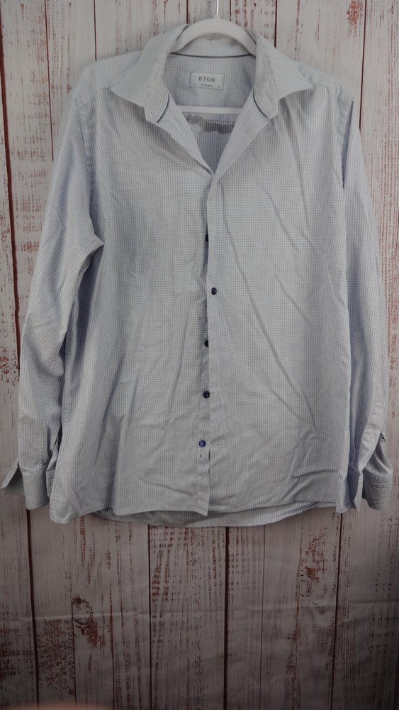 Eton Dress Shirt Men 46 18 Blue Long Sleeve Contemporary Bussiness Button Up