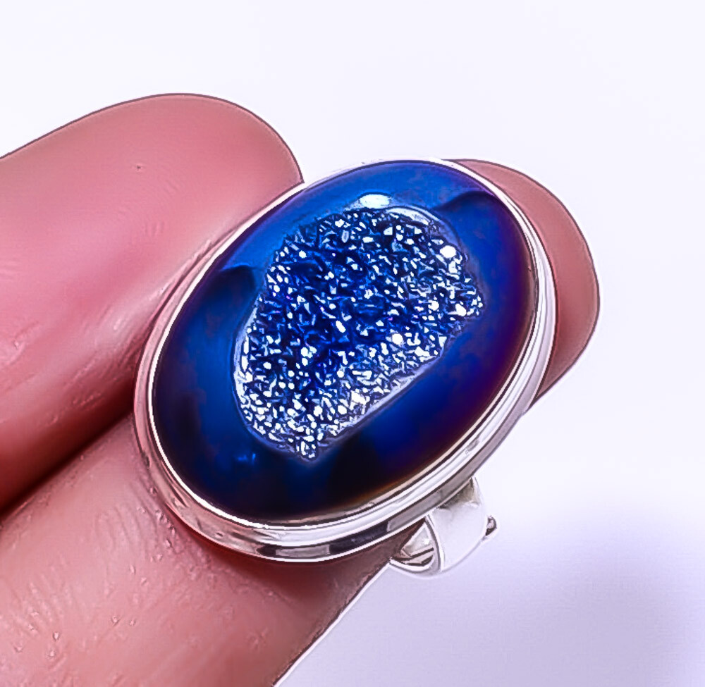 Titanium Blue Agate Drusy 925 Sterling Silver Ring Size Adjustable (R9) A356