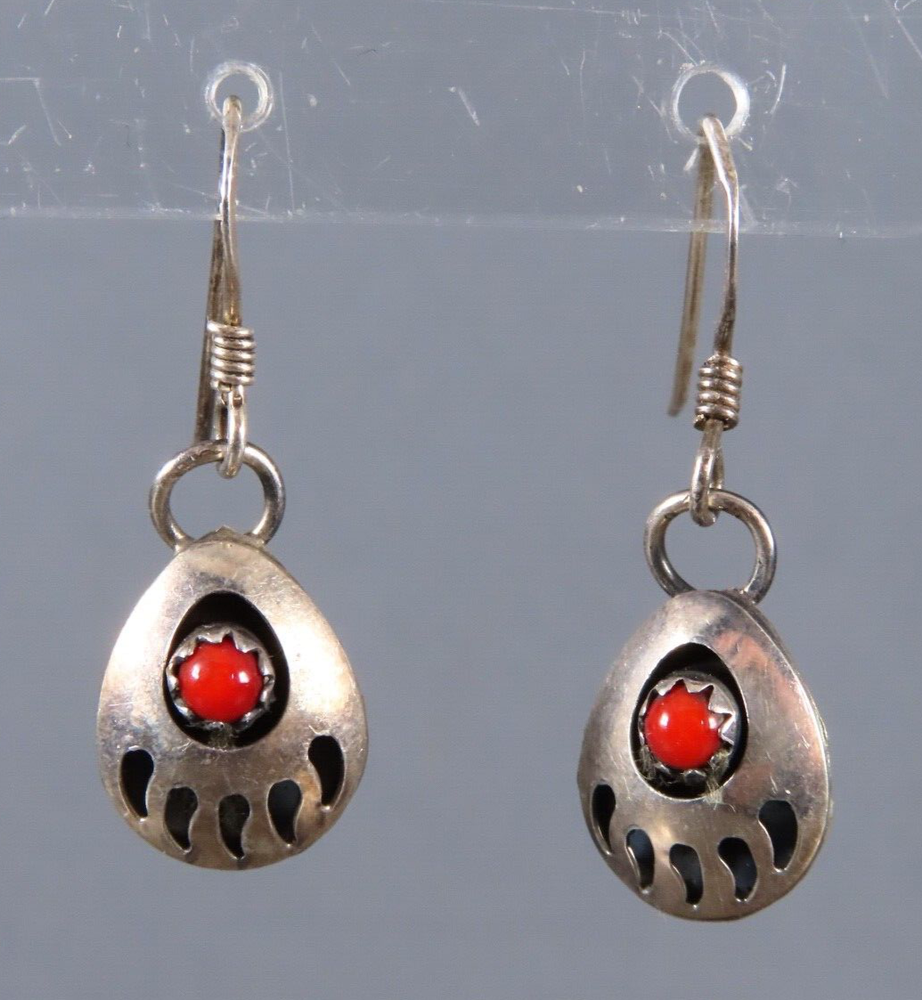Sterling Silver Navajo Bear Claw Dangle Earrings with Red Coral Snake Eyes