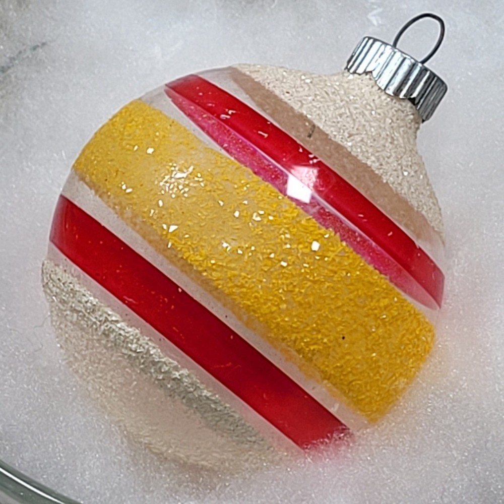 Shiny Brite Unsilvered Clear Striped Glass Christmas Ornament Red Yellow White