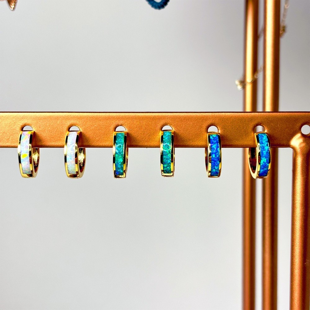 Sterling Silver & 18k Gold Opal Hoop Earrings - White, Blue, Green Opal Inlay