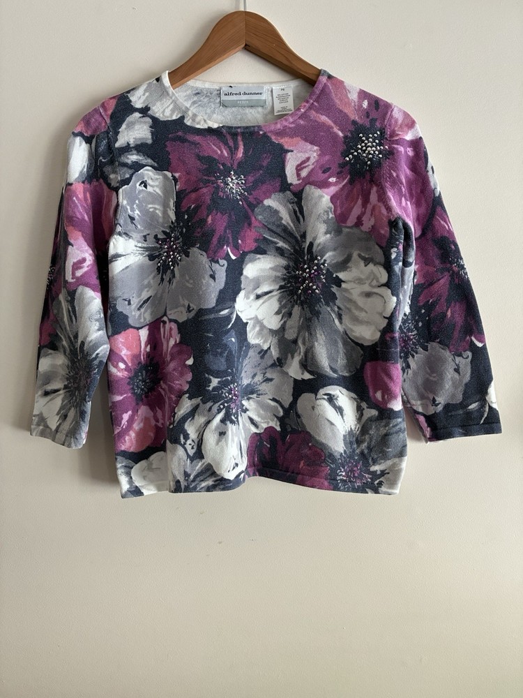 Alfred Dunner Petite Womens Floral Studded Knit Crewneck 3/4 Sleeve Top Multi PS