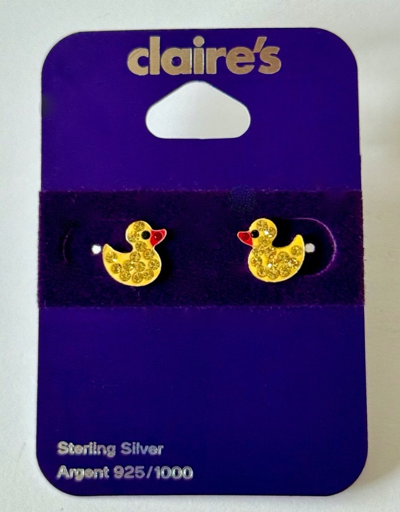 Claires sterling silver yellow duck crystal stud earrings new