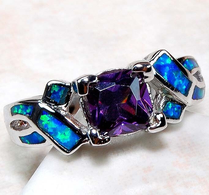 1CT Amethyst & Australian Opal 925 Sterling Silver Ring Size 6 BA3