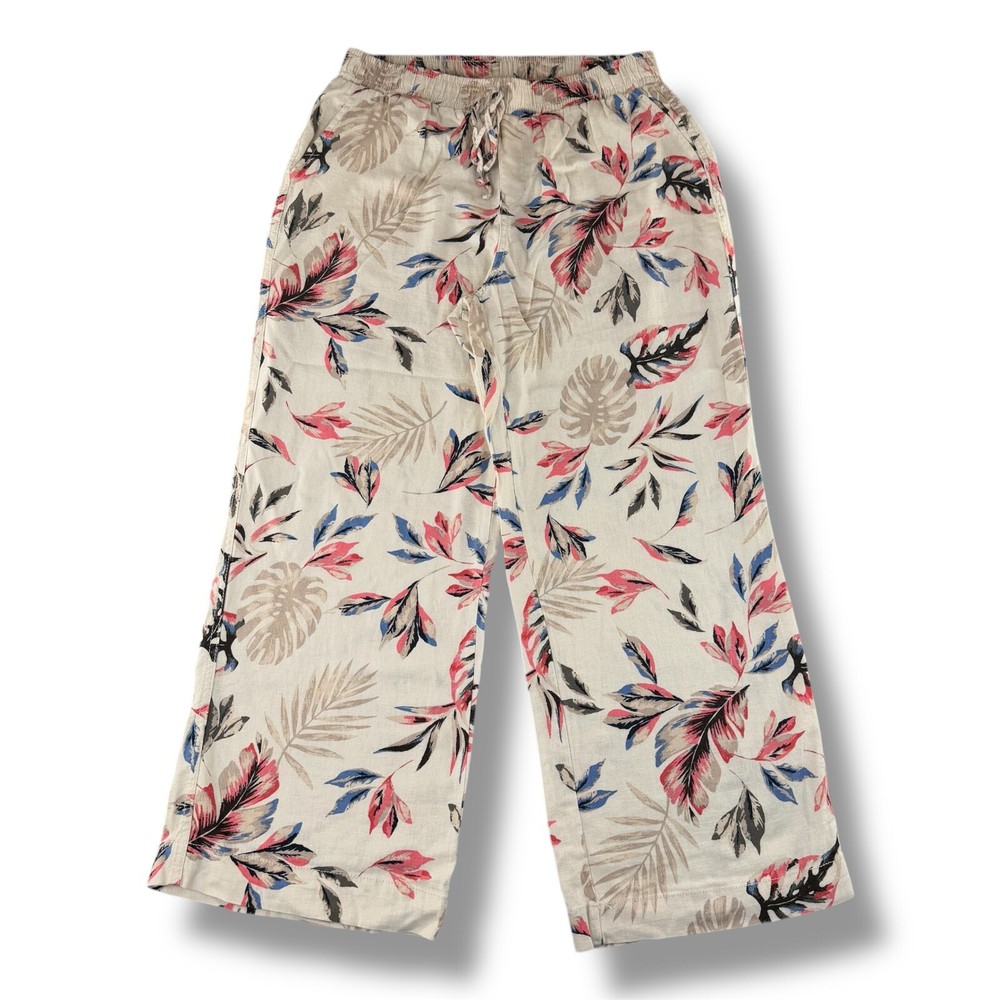Briggs Pants Size L Ivory Tropical Resort Print Linen Drawstring Straight Leg