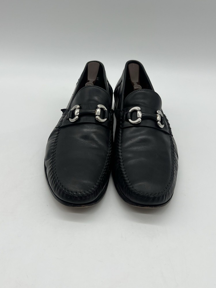 Santoni Mens Size 9.5D Black Leather Horse bit Slip On Moccasin Loafers Shoes.