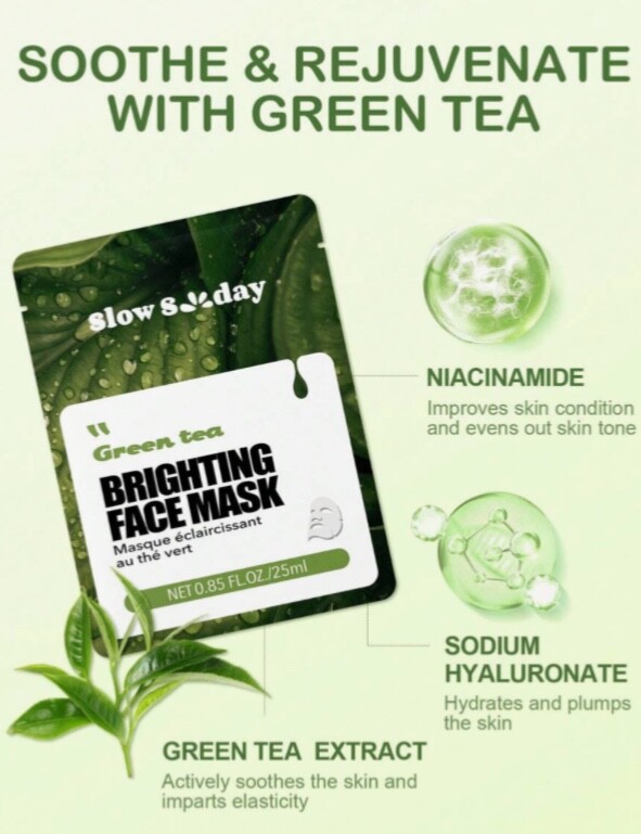 SLOWSUNDAY™ 5-Pack Green Tea Face Mask with Natural Plant Extracts for Deep Hydration
