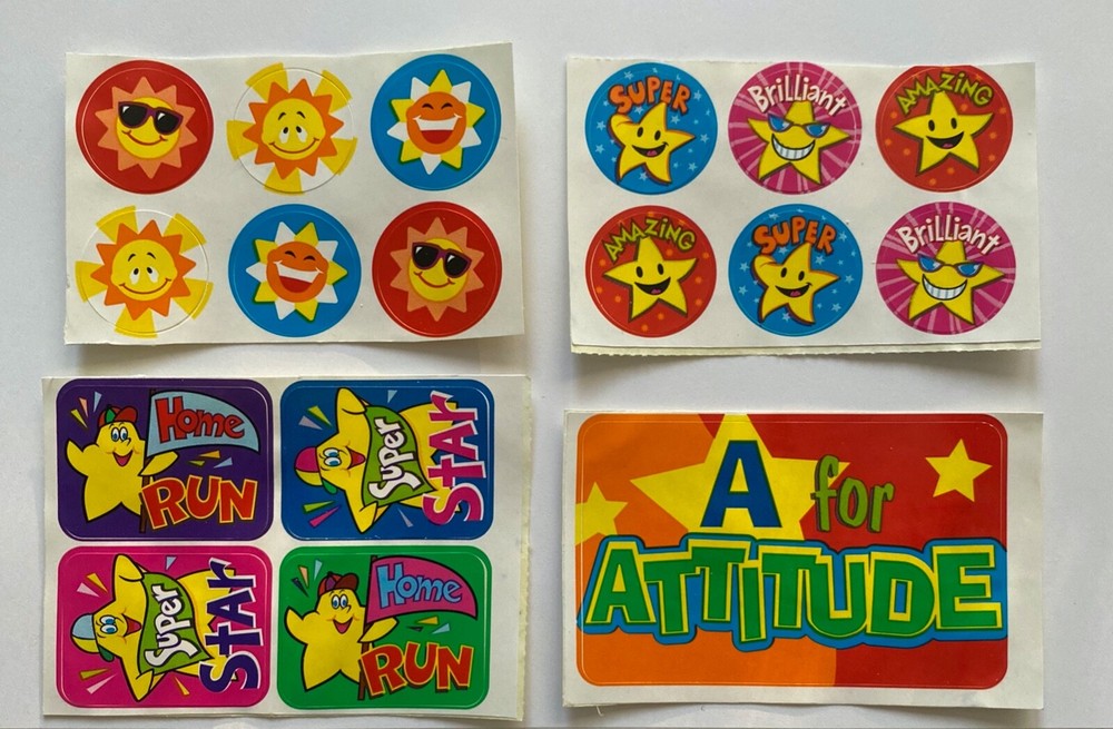 Vintage 90s Stickers happy smiley sun face super star A+ school student reward