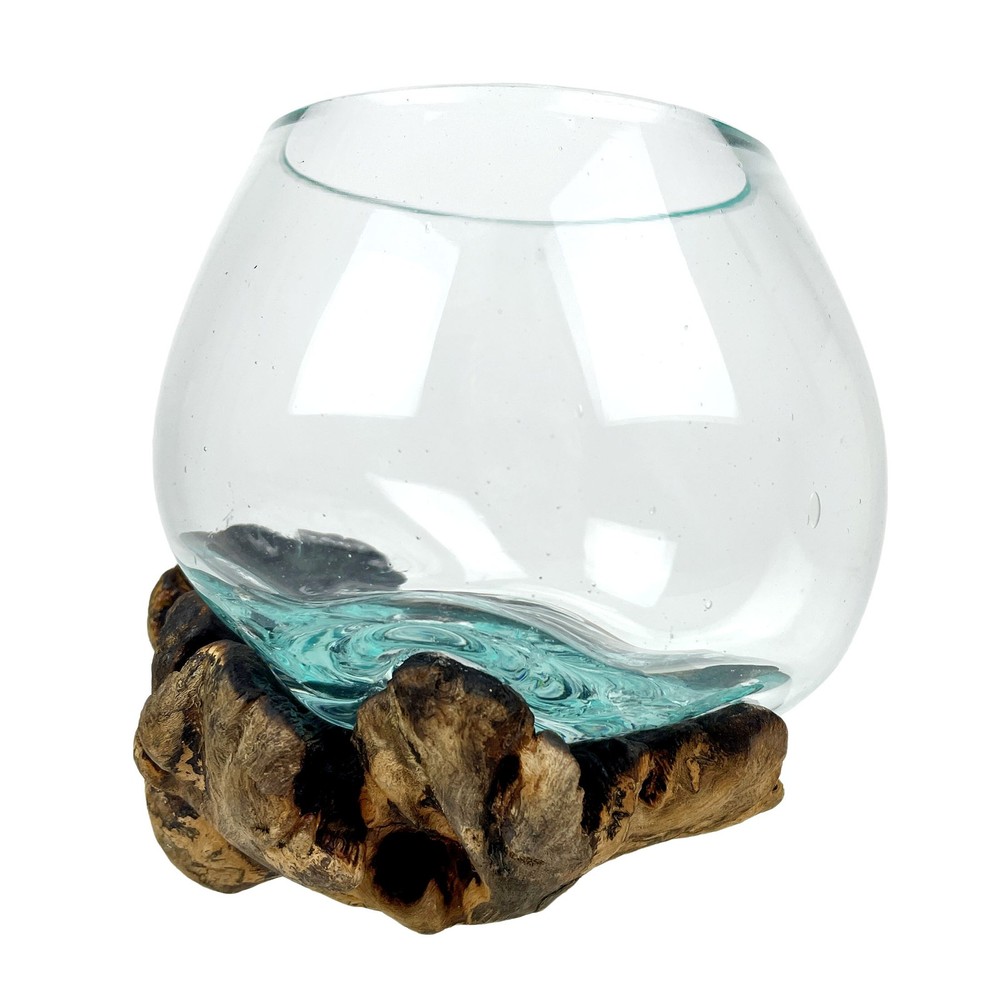 Melted Glass On Gamal Root Wood Decorative Bowl Vase Terrarium Planter