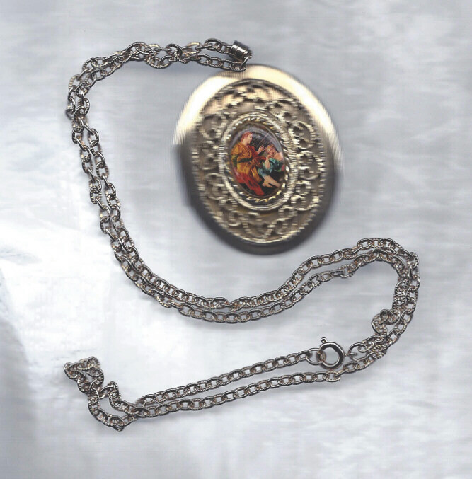 Mothers Day Gift Photo Locket w Chain Victorian Lovers Painting Vintage Jewelry-image