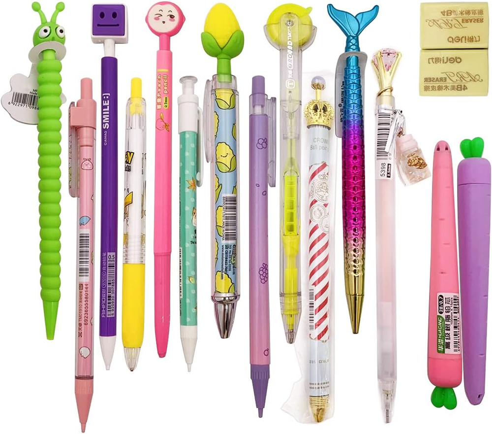 12 Cute Kawaii Mechanical Pencils with Erasers and Leading Refills Style Mixed