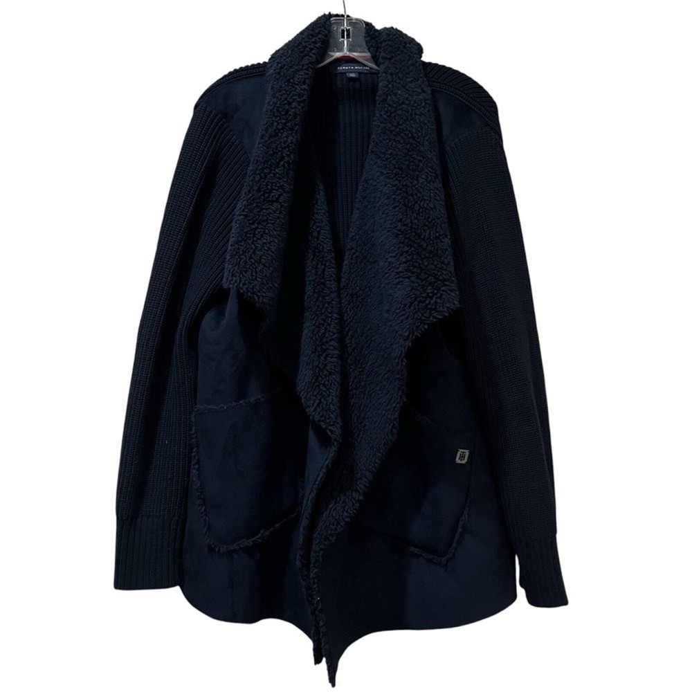 Tommy Hilfiger Large Navy Blue Waterfall Open Front Draped Cardigan Sweater C
