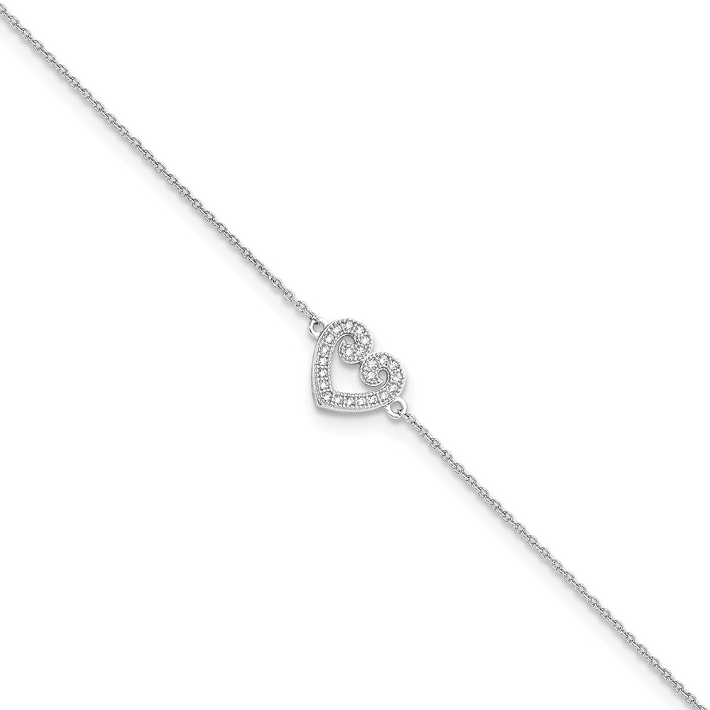 Sterling Silver Rhodium-plated Cubic Zirconia Heart Anklet 9