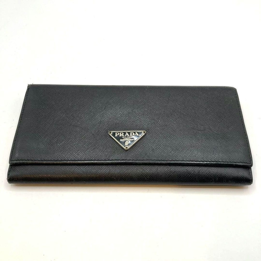 Prada Saffiano Leather Long Wallet with Triangle Logo Plate and Hook in Black for Women