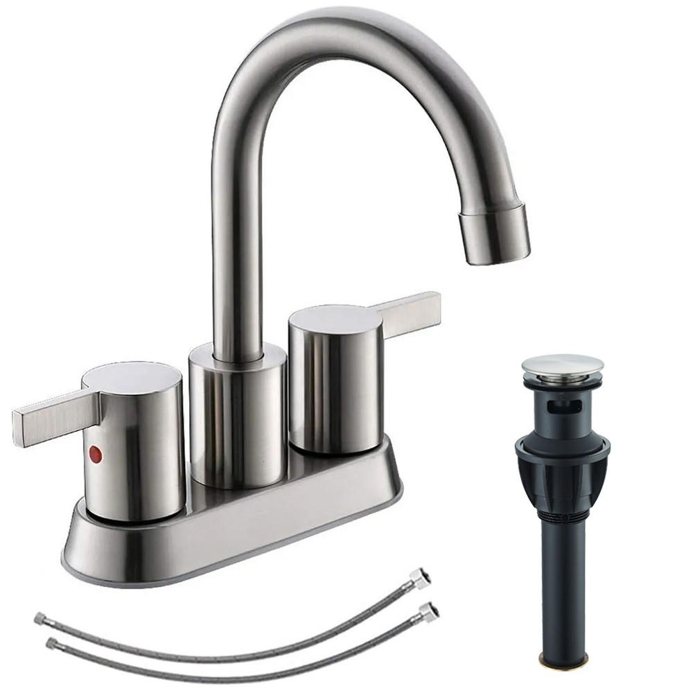 Brushed Nickel Bathroom Faucet 3 Hole 2 Handle Basin Sink Mixer w/ Pop-Up Drain