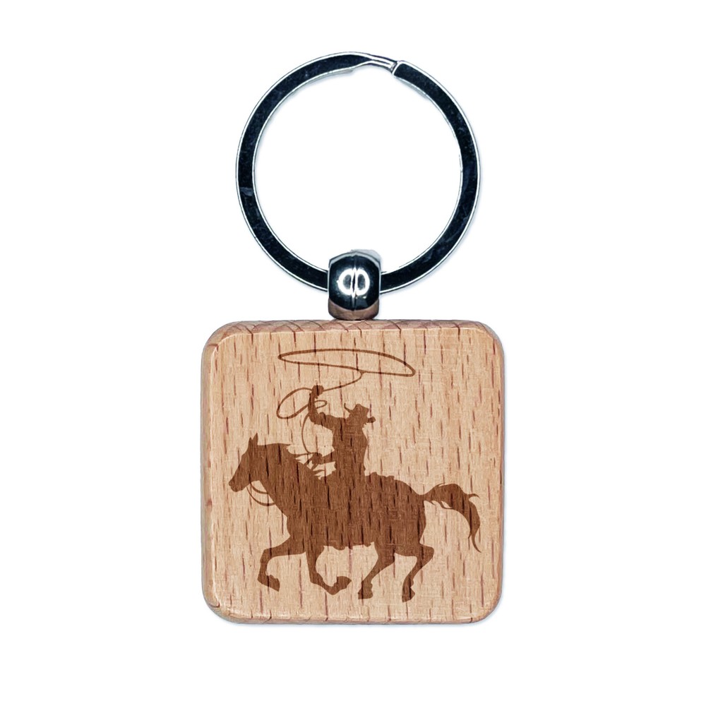 Cowboy on Horse Riding with Lasso Engraved Wooden Keychain Charm Tag