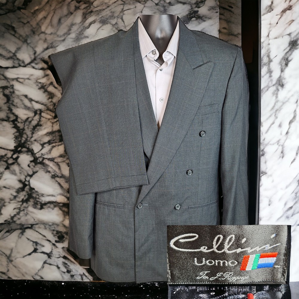 Cellini Uomo 2 Piece Suit Mens 40L 30X32 Gray Plaid Double Breasted