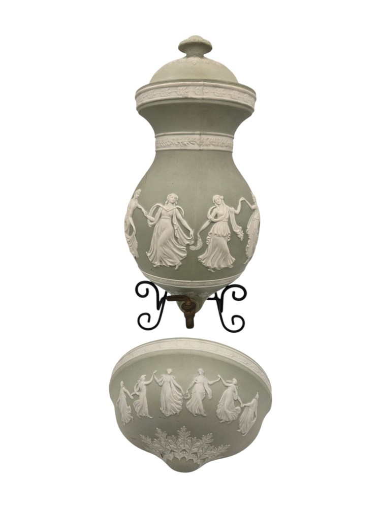 Antique Light Green Porcelain Neoclassical Bisque Relief Wall Lavabo Basin