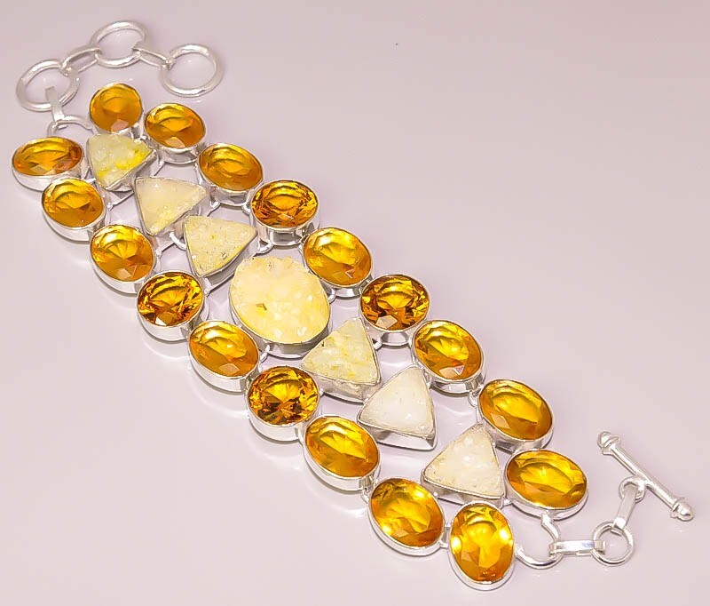 Natural Titanium Druzy Yellow Citrine Quartz Sterling Silver Plated Bracelet