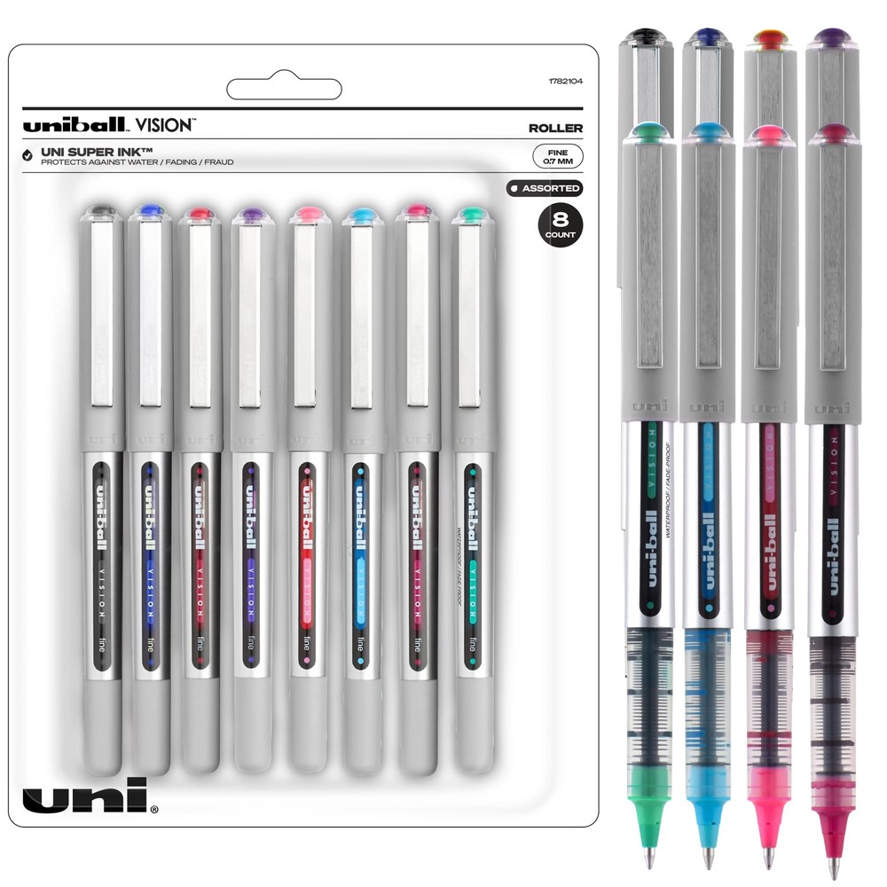 Uniball Vision Rollerball Pens, School Pens Pack of 8, Assorted - Fine Point ...
