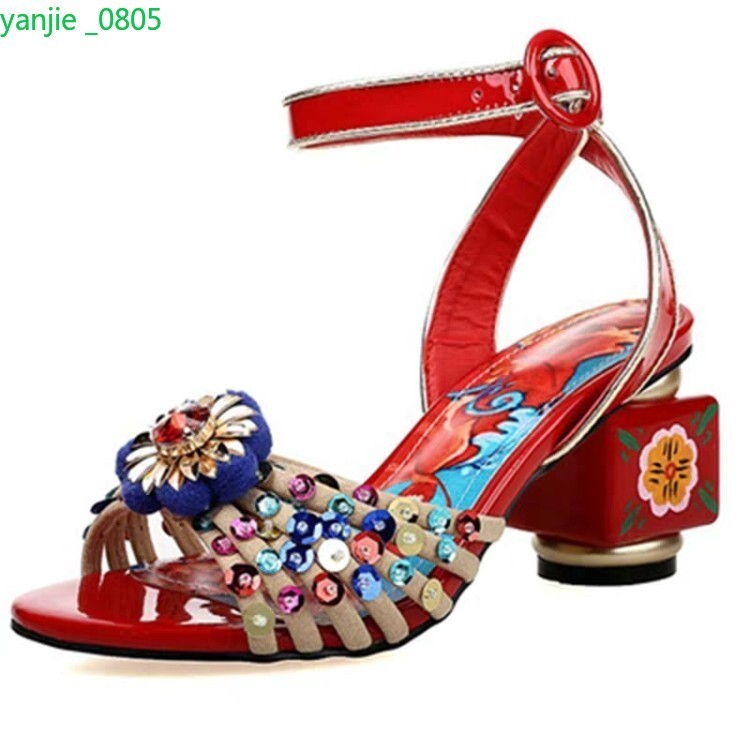 Sequin Women's Leather Shoes Flower Block Heel Printing Ethnic Fashion Sandals