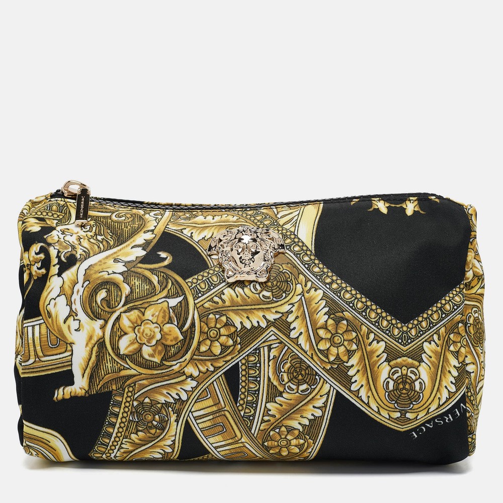 Versace Black Yellow Barocco Print Medusa Pouch with Signature Logo