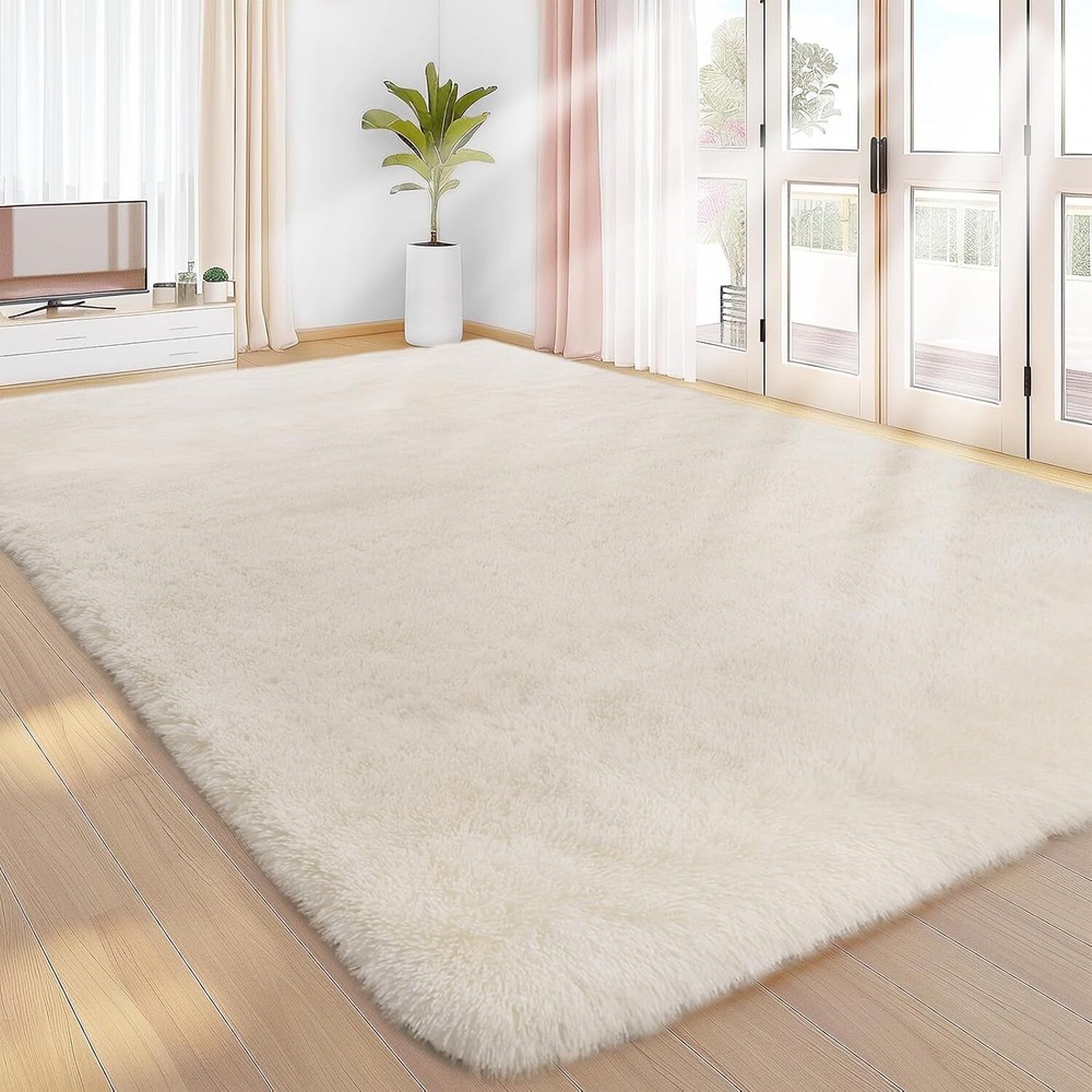 Cream Large Area Rug Shag Shaggy Carpet Soft Pl... Area Rugs 8x10 Living Room