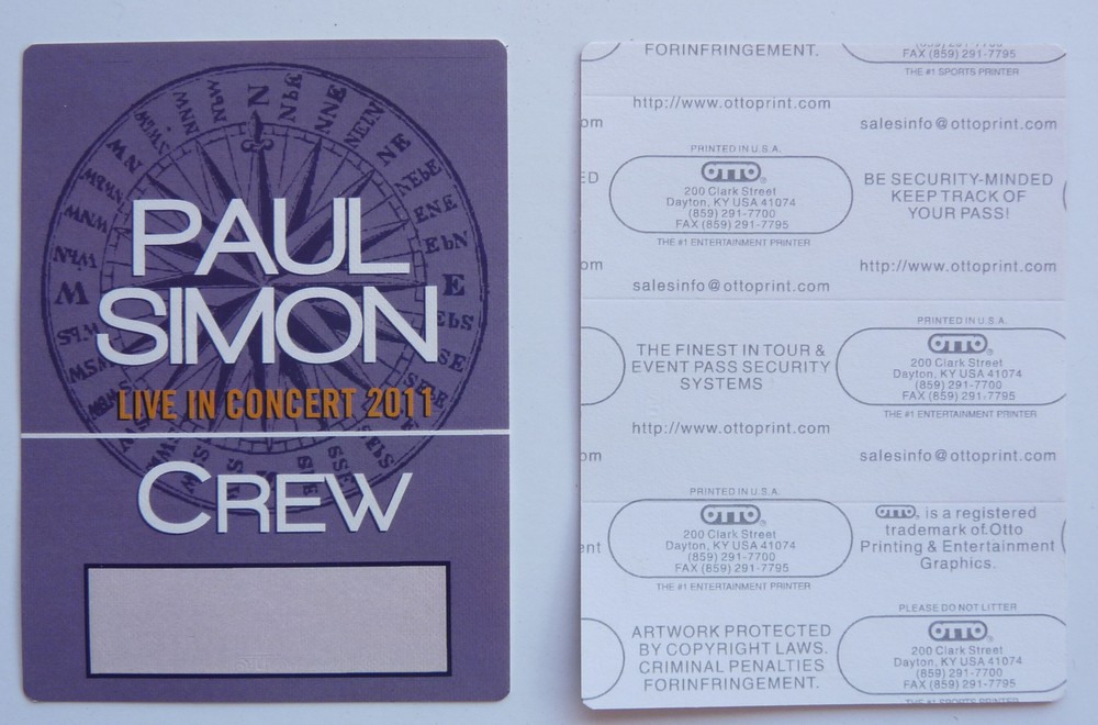 Paul Simon 2011 Concert Tour Purple Crew Backstage Pass D21