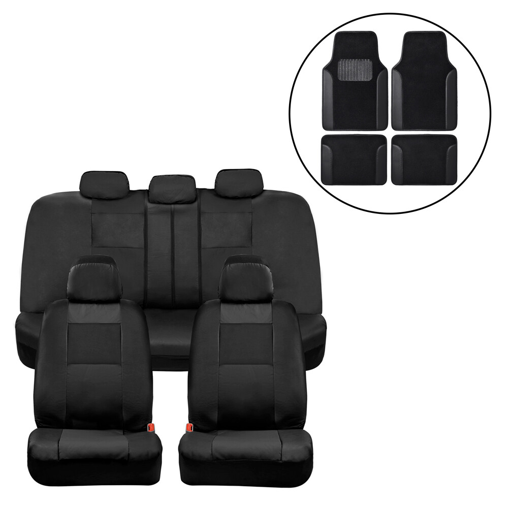 Black Leatherette Car Seat Covers & Floor Mats Combo Set