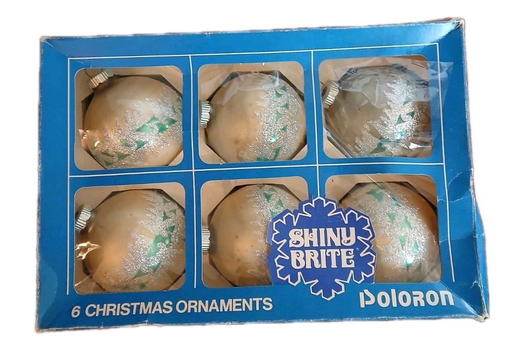 VTG Shiny Brite Poloron Glass Tree Ornaments In Box 6 Bulbs Glittery Nice Cond.