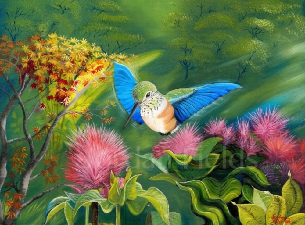 Vibrant Hummingbird and Flowers Original Oil Painting 18x24 Nature Art