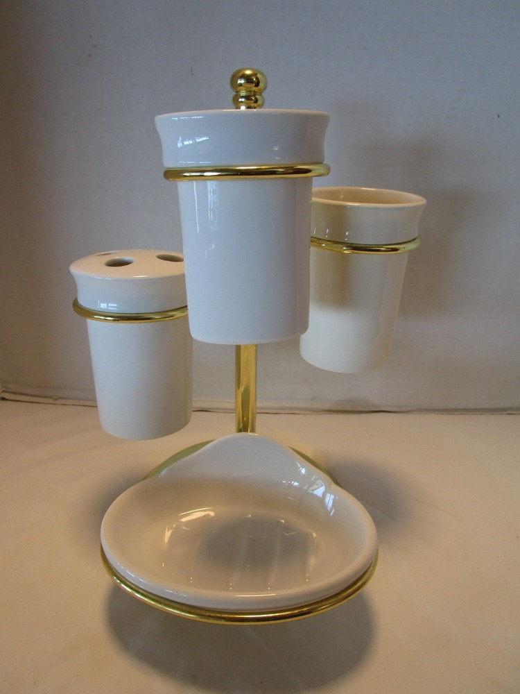 Vintage 1970s Taiwan Ceramic Bathroom Set with Metal Stand - 4-Piece