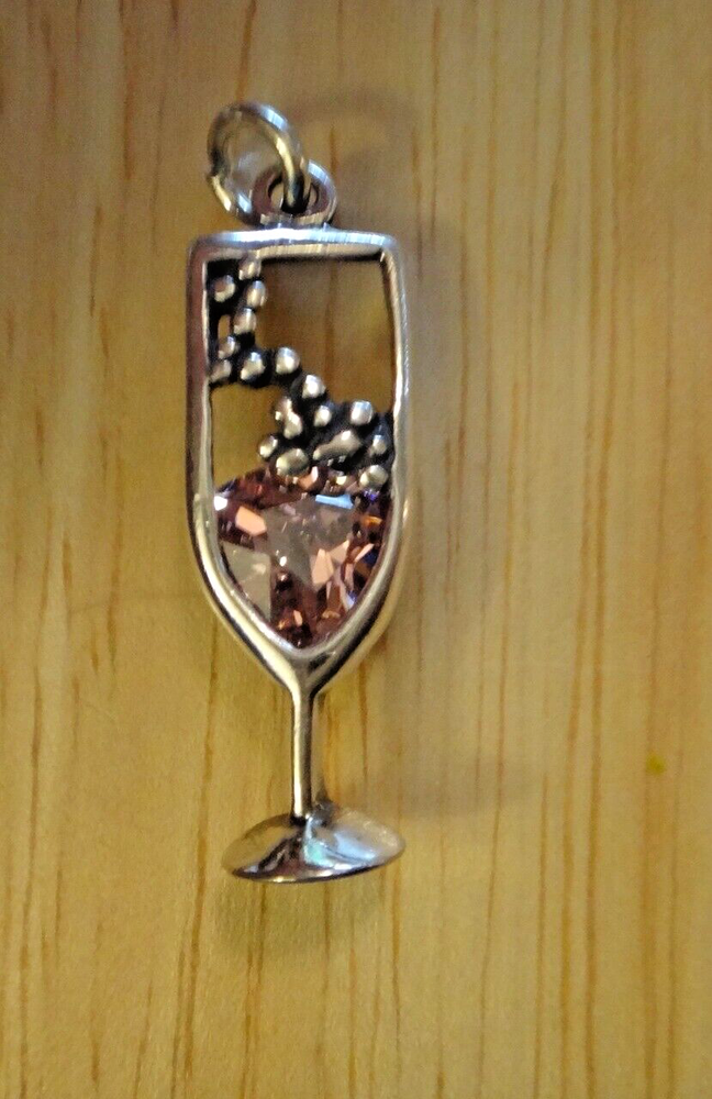 7x20mm Pink Champagne Wine with Pink CZ Crystal Sterling Silver Charm