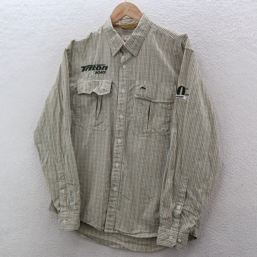 Simms Shirt Mens Medium Green & White Plaid Fishing Hiking Gorpcore Triton Boats