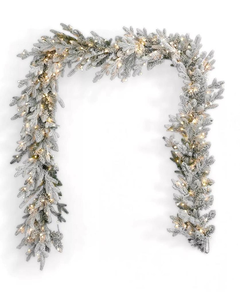 Seasonal Dandan Flocked Pine 9' Pre-Lit Warm LED Mixed PVC Garland with 560 Tips-image