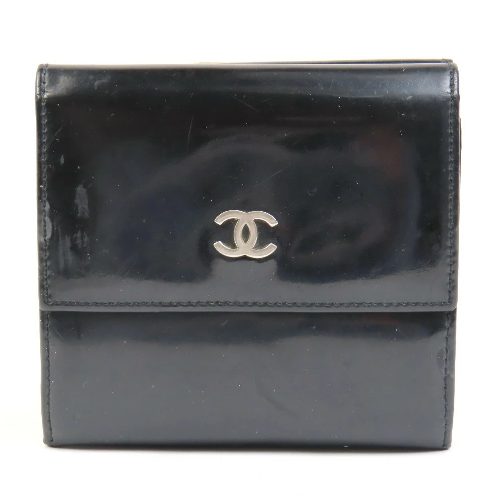 CHANEL Cocomark Compact Wallet Vintage Trifold Wallet Patent Leather Black