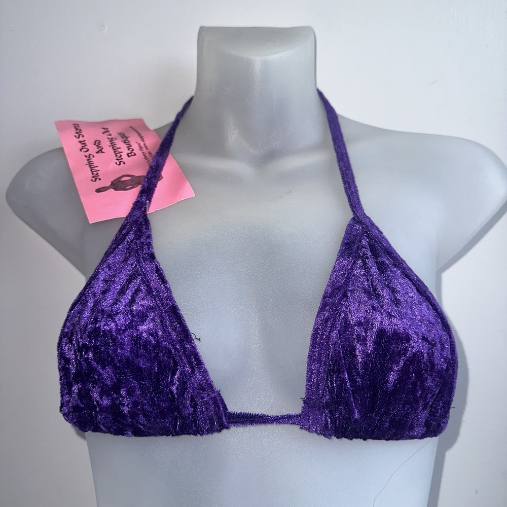 Women’s 90’s Y2K Dead Stock Purple Velvet Halter String Bikini Top NWT Sz M