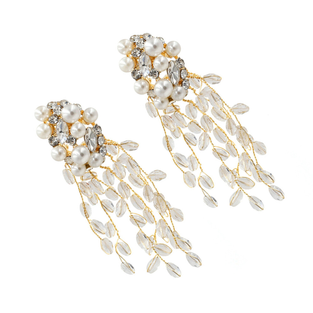 1 Pair Long Crystal Tassel Stud Earrings with Pearl Rhinestone Dangle Design