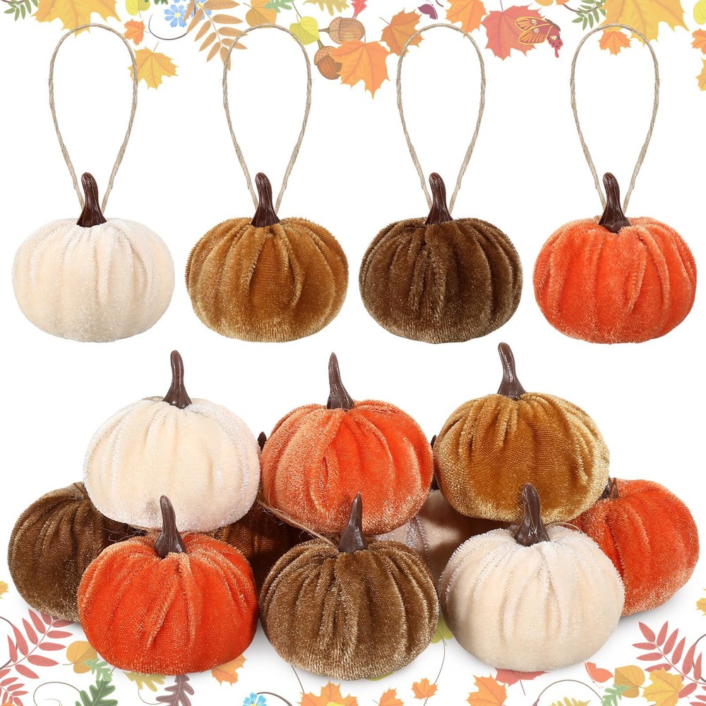 12-Piece Velvet Pumpkin Hanging Decor for Fall and Thanksgiving 2-Inch Ornaments  