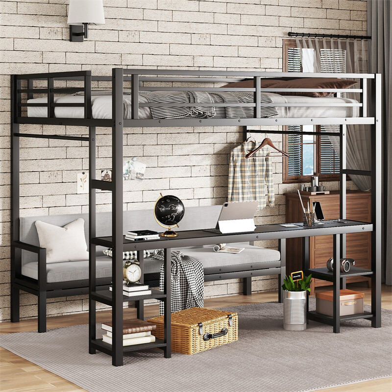 Functional Metal LED Bunk Bed/Loft Bed with Desk & Bookshelf,Queen over Twin XL